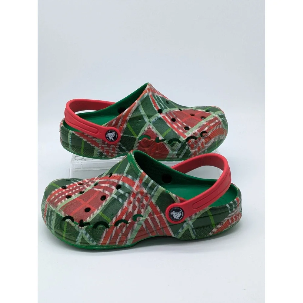 Crocs Classic Clogs Juniors J3 Red Green Plaid Christmas Holiday Shoes